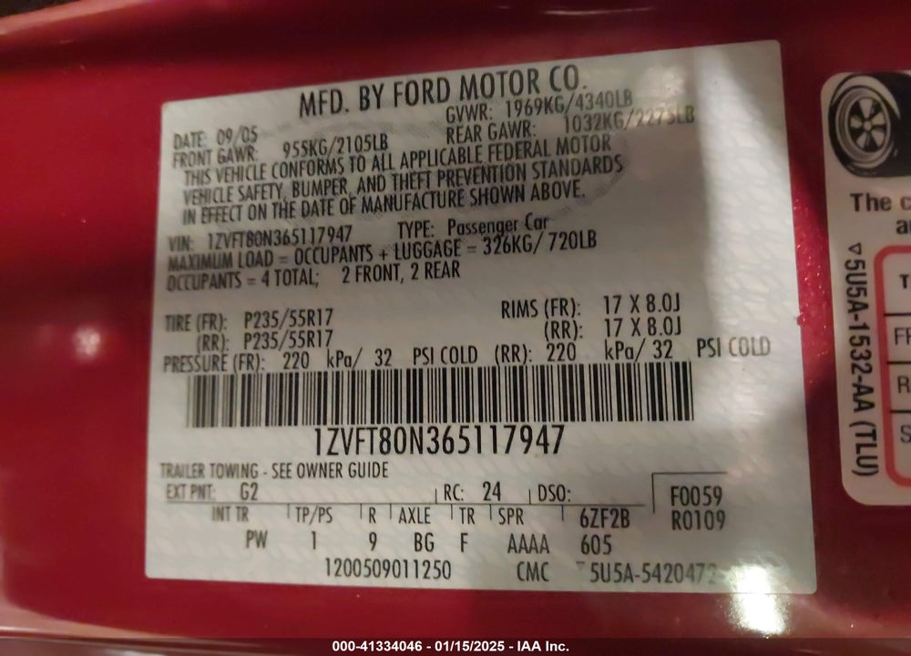 2006 FORD MUSTANG V6 VIN: 1ZVFT80N365117947