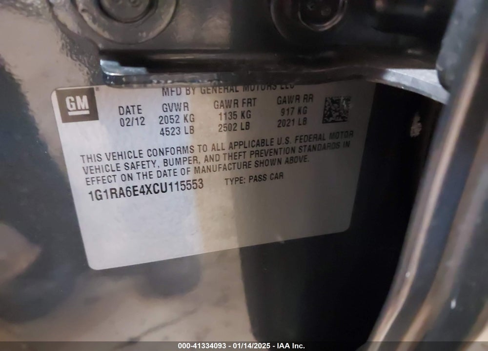 2012 CHEVROLET VOLT VIN: 1G1RA6E4XCU115553