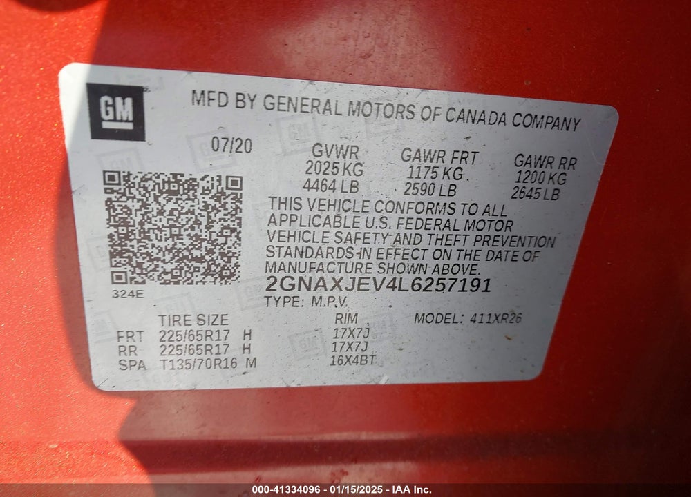 2020 CHEVROLET EQUINOX FWD 2FL VIN: 2GNAXJEV4L6257191