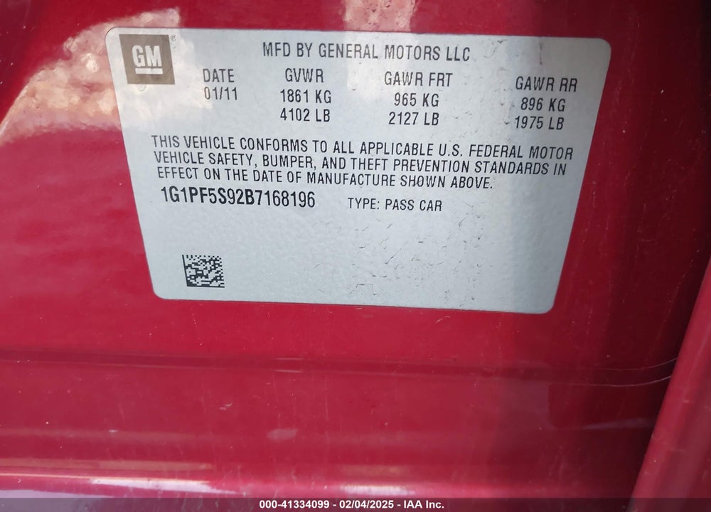2011 CHEVROLET CRUZE 1LT VIN: 1G1PF5S92B7168196