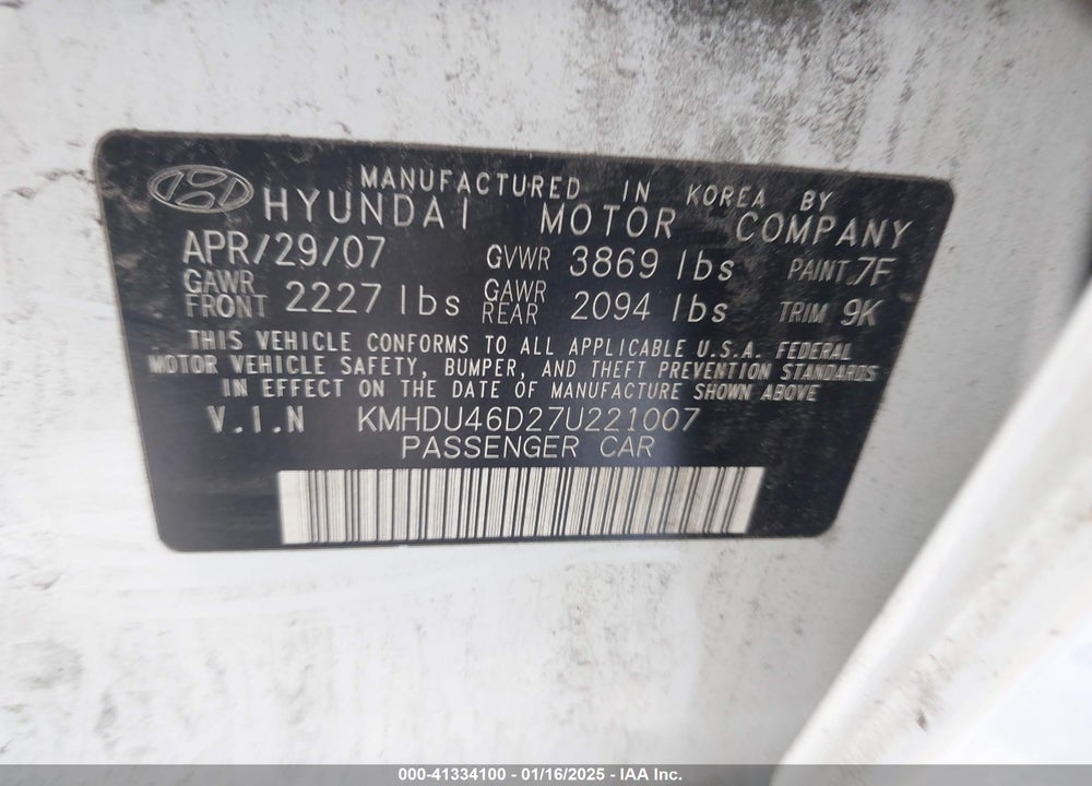 2007 HYUNDAI ELANTRA VIN: KMHDU46D27U221007