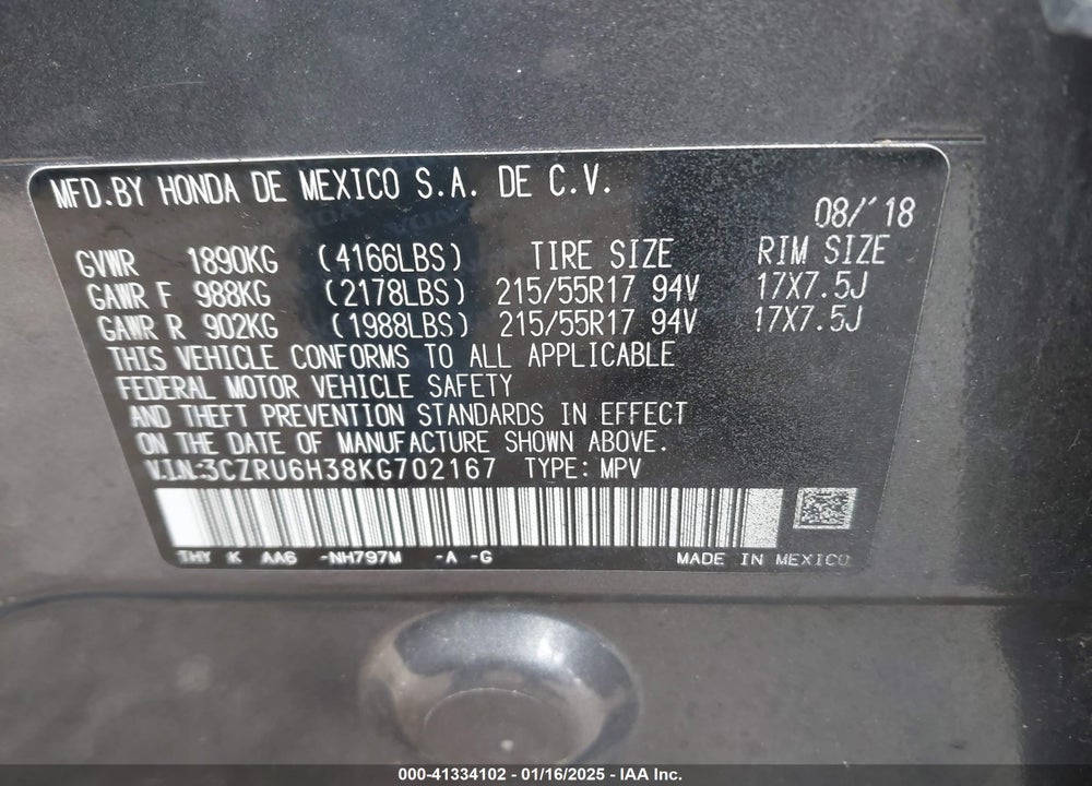 2019 HONDA HR-V LX VIN: 3CZRU6H38KG702167