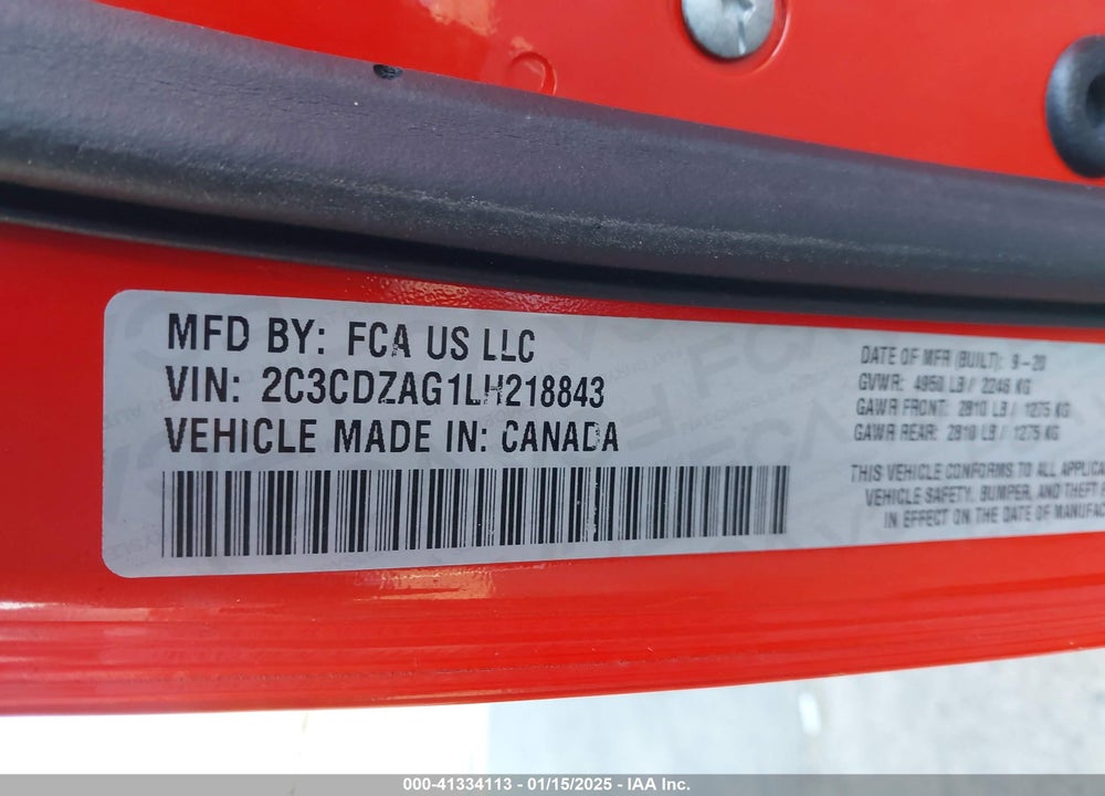 2020 DODGE CHALLENGER VIN: 2C3CDZAG1LH218843