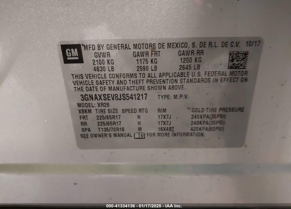2018 CHEVROLET EQUINOX LT VIN: 3GNAXSEV8JS541217