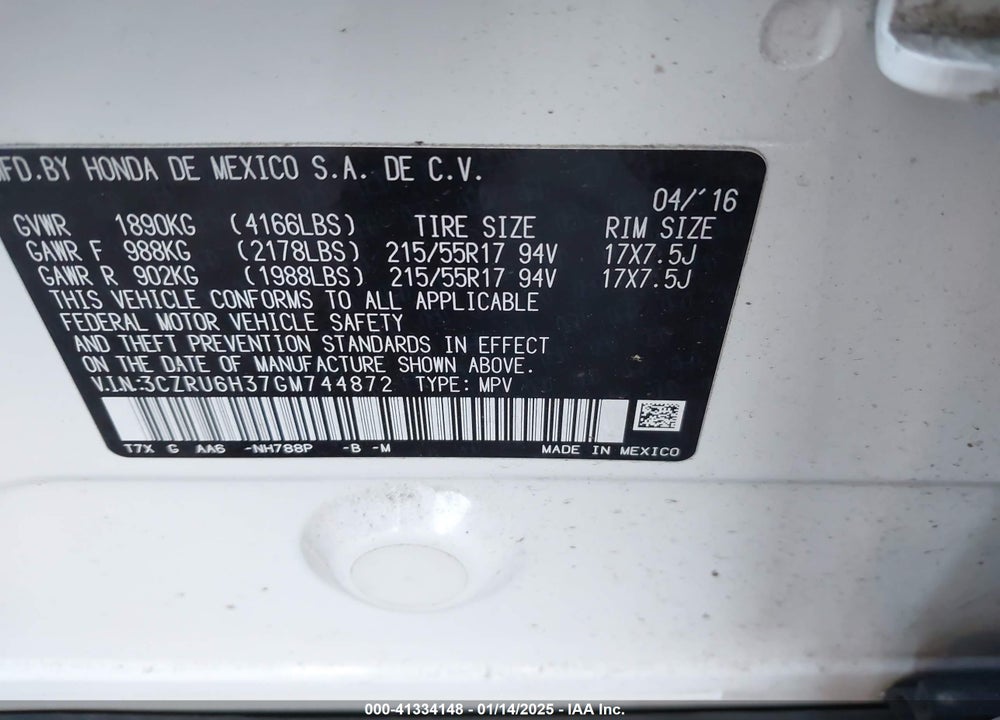 2016 HONDA HR-V LX VIN: 3CZRU6H37GM744872