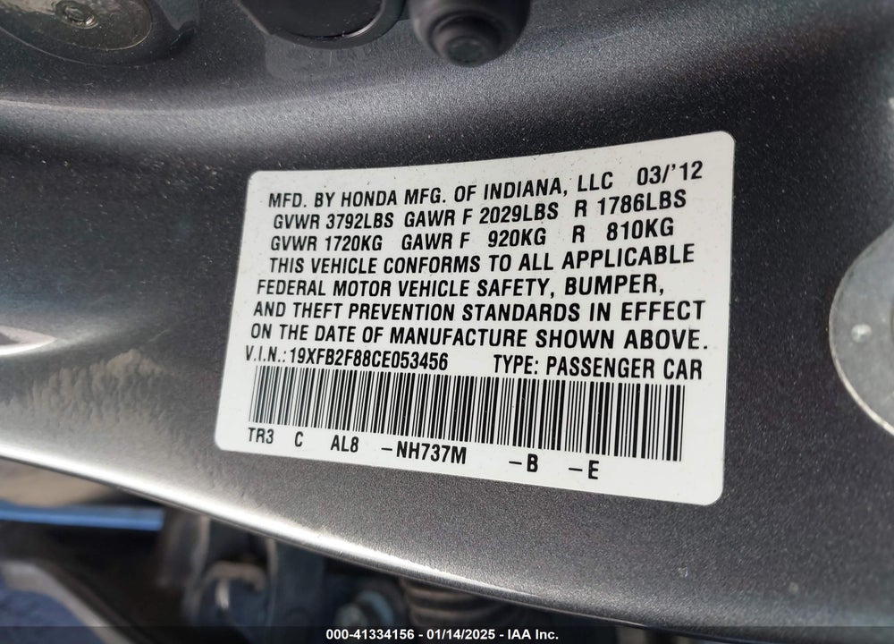 2012 HONDA CIVIC VIN: 19XFB2F88CE053456