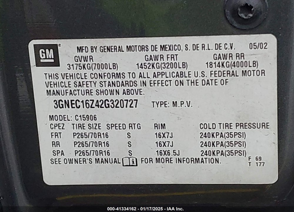 2002 CHEVROLET SUBURBAN 1500 LS VIN: 3GNEC16Z42G320727