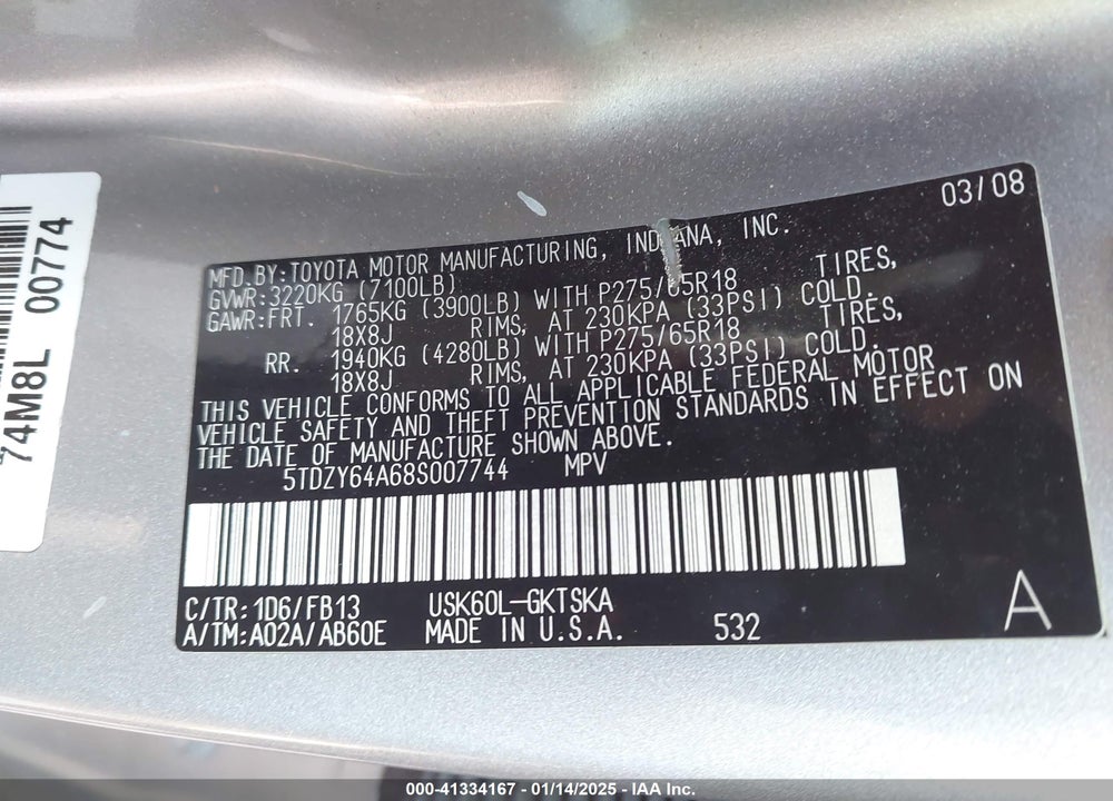2008 TOYOTA SEQUOIA SR5 5.7L V8 VIN: 5TDZY64A68S007744