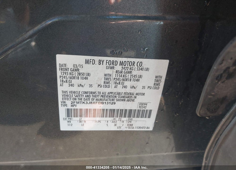 2015 FORD EDGE SEL VIN: 2FMTK3J8XFBB13129