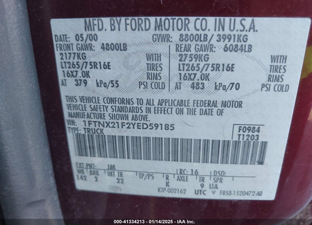 2000 FORD F-250 LARIAT/XL/XLT VIN: 1FTNX21F2YED59185