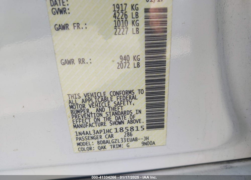 2017 NISSAN ALTIMA VIN: 1N4AL3AP1HC185815