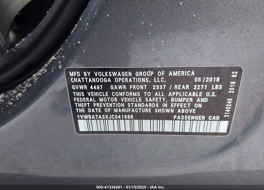 2018 VOLKSWAGEN PASSAT VIN: 1VWBA7A3XJC041885