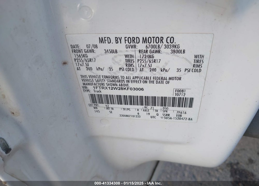 2008 FORD F-150 FX2/STX/XL/XLT VIN: 1FTRX12W28KF03006