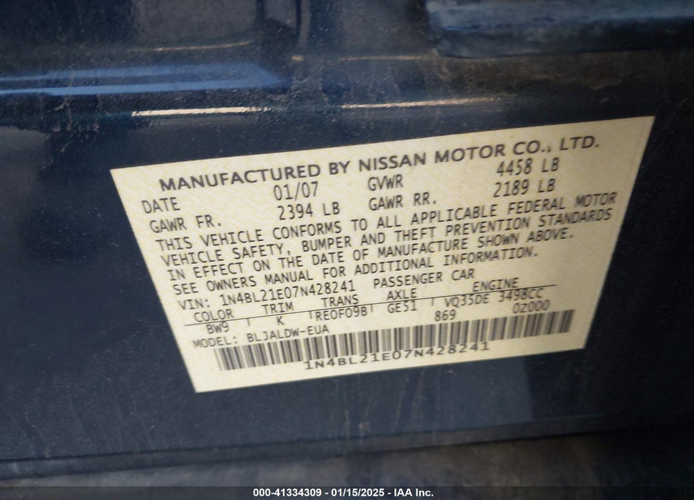 2007 NISSAN ALTIMA 3.5 SE VIN: 1N4BL21E07N428241