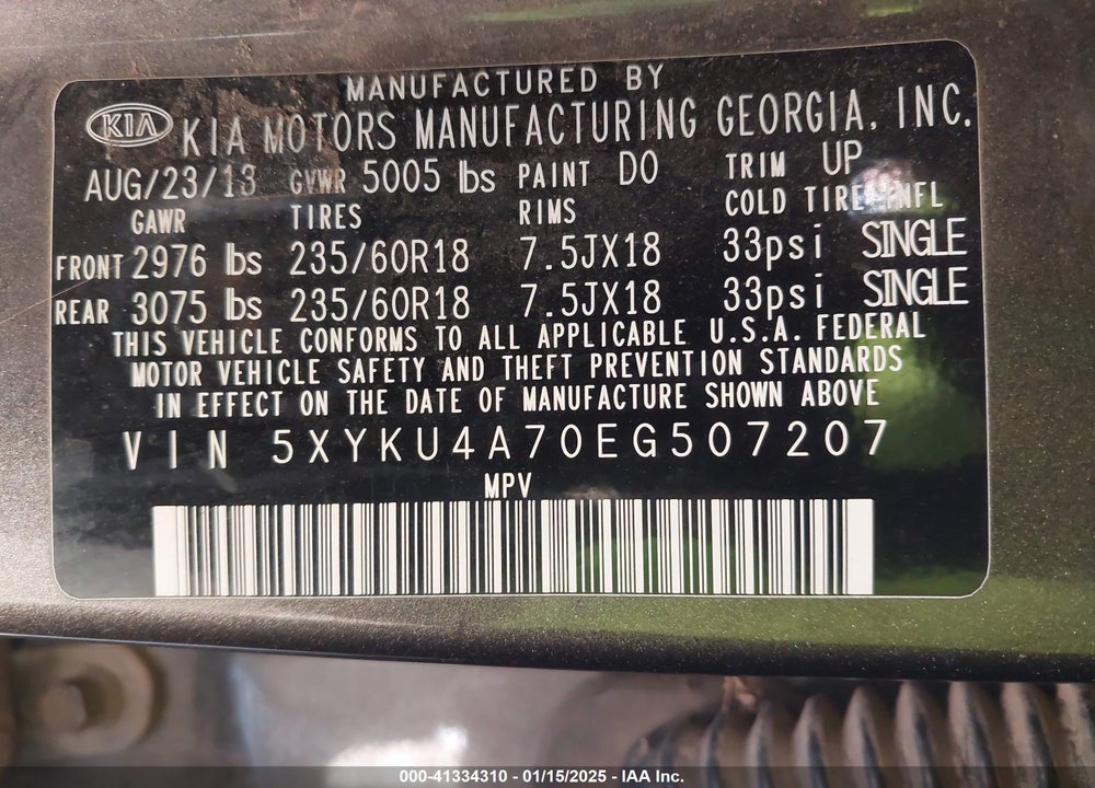2014 KIA SORENTO EX V6 VIN: 5XYKU4A70EG507207