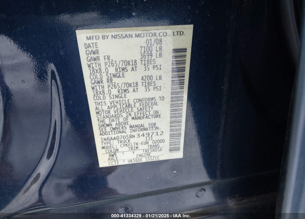 2008 NISSAN TITAN SE VIN: 1N6AA07D58N349712