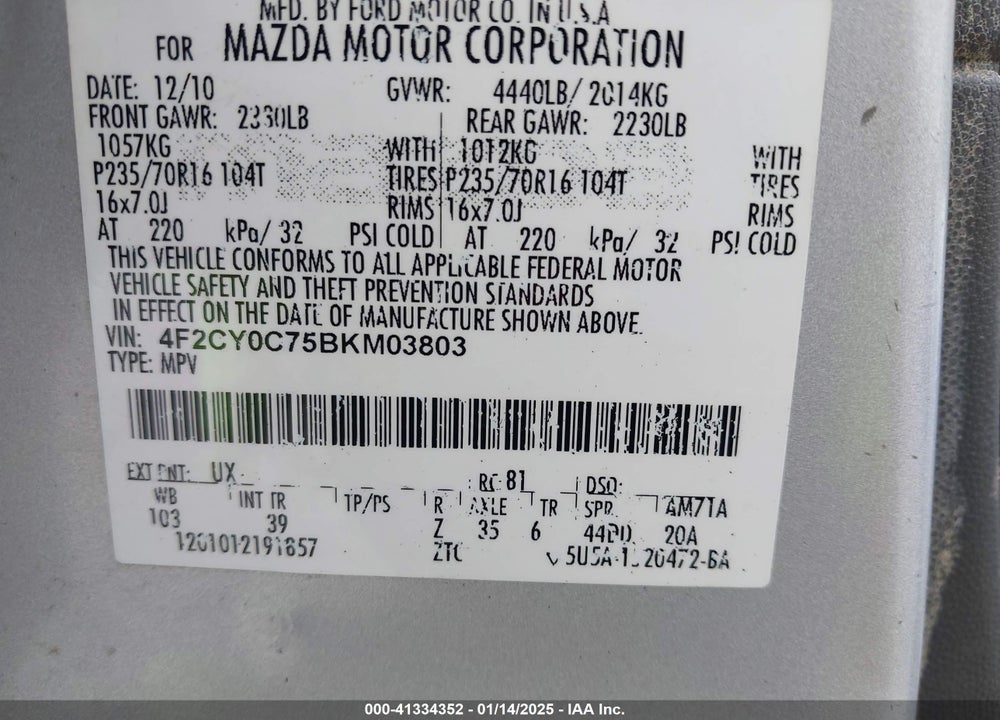 2011 MAZDA TRIBUTE I SPORT VIN: 4F2CY0C75BKM03803