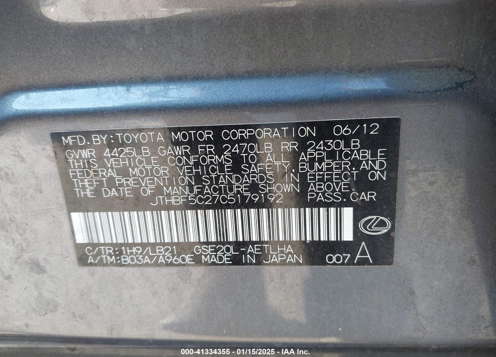 2012 LEXUS IS 250 VIN: JTHBF5C27C5179192