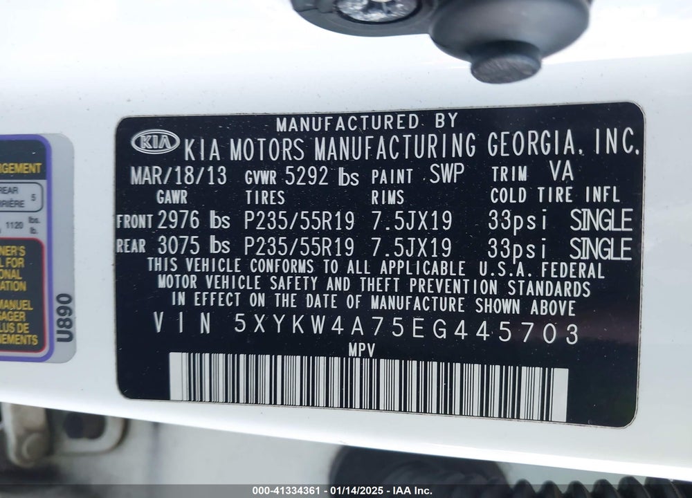 2014 KIA SORENTO LIMITED V6 VIN: 5XYKW4A75EG445703