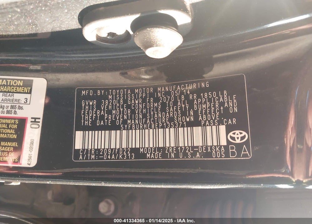 2014 TOYOTA COROLLA VIN: 5YFBURHE8EP135371