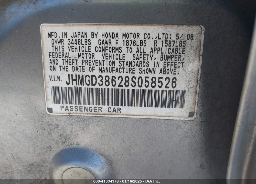 2008 HONDA FIT SPORT VIN: JHMGD38628S058526