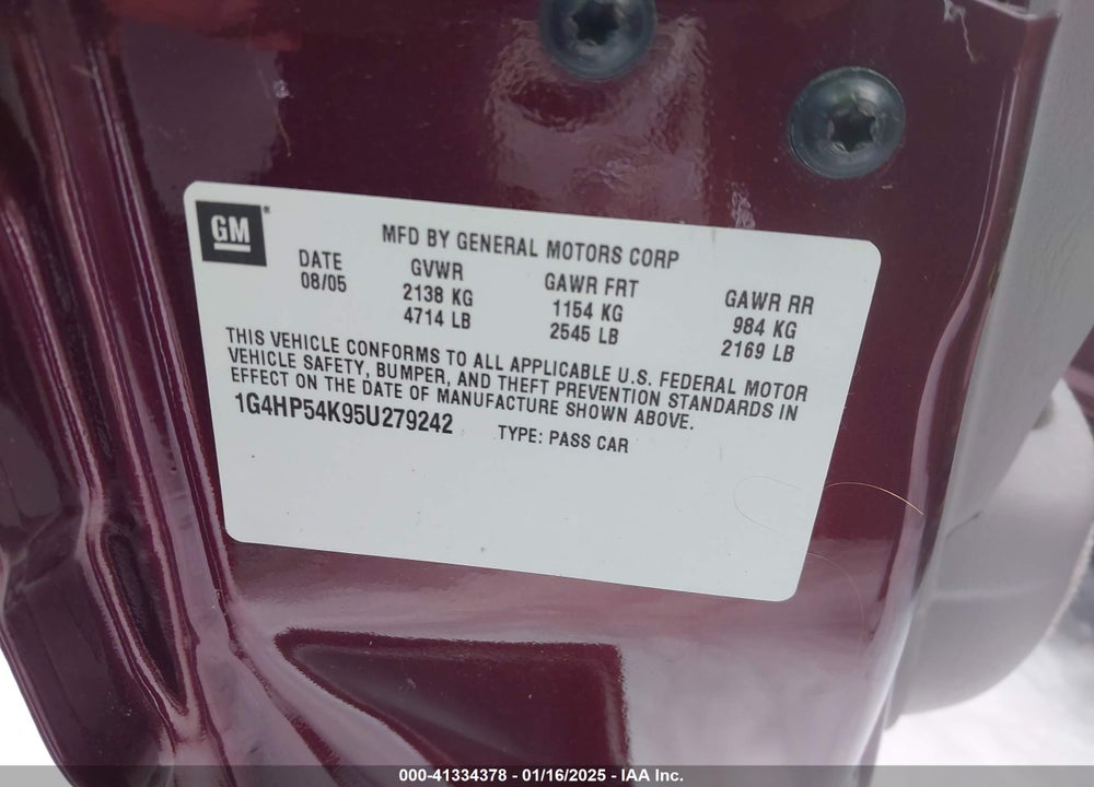 2005 BUICK LESABRE CUSTOM VIN: 1G4HP54K95U279242