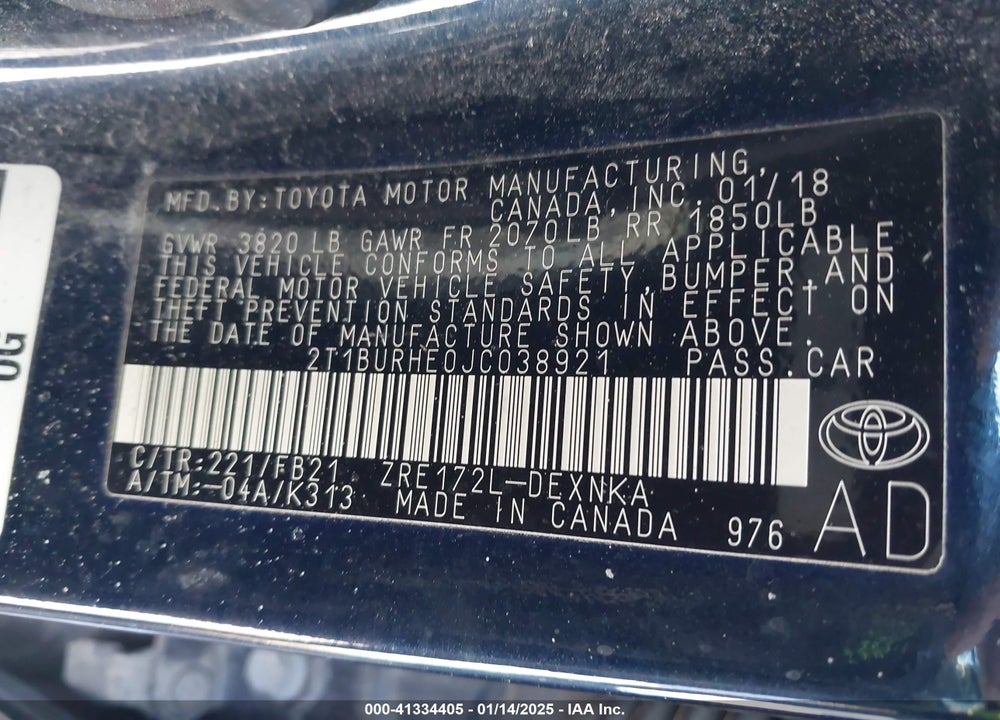 2018 TOYOTA COROLLA VIN: 2T1BURHE0JC038921