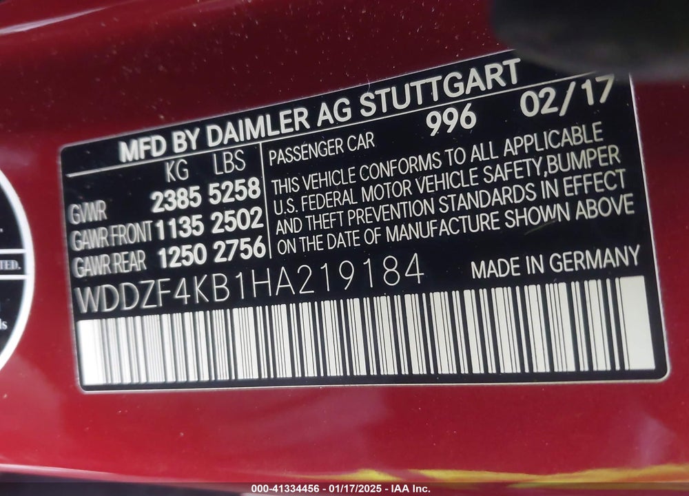 2017 MERCEDES-BENZ E 300 VIN: WDDZF4KB1HA219184