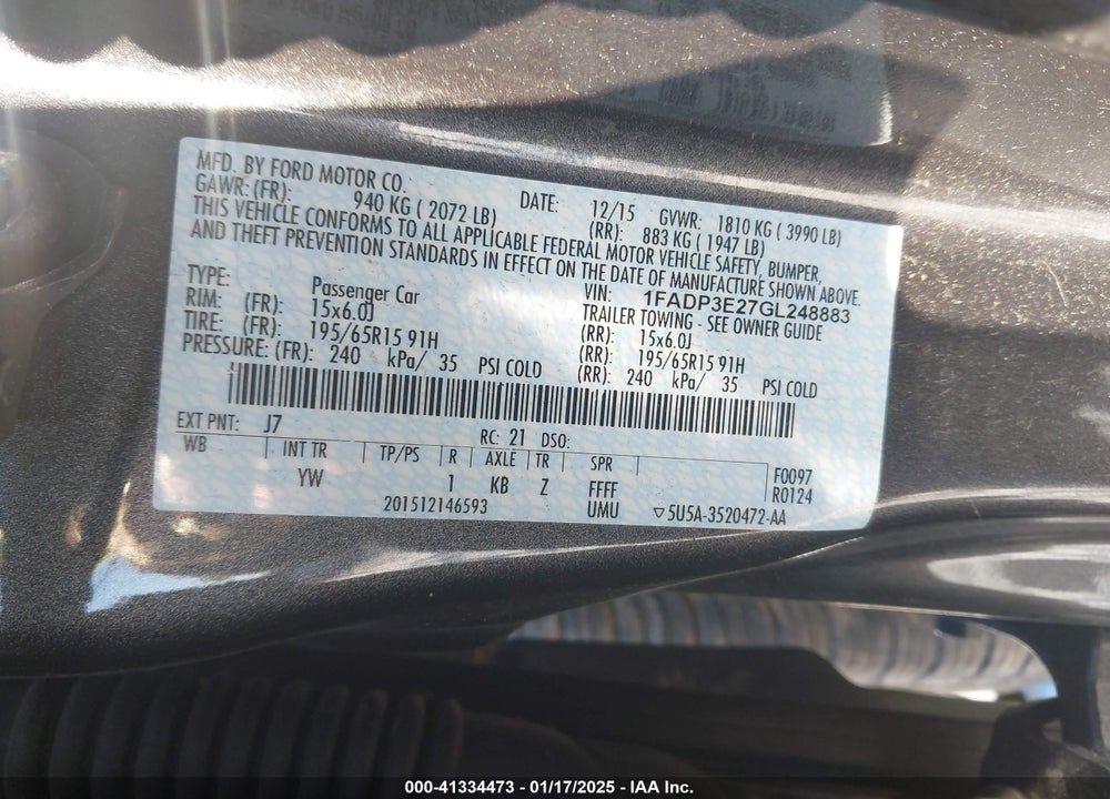 2016 FORD FOCUS S VIN: 1FADP3E27GL248883