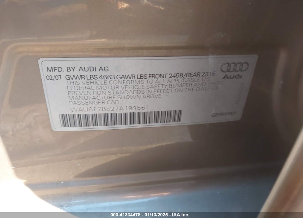 2007 AUDI A4 2.0T VIN: WAUAF78E27A194561