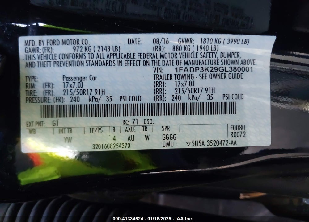 2016 FORD FOCUS VIN: 1FADP3K29GL380001
