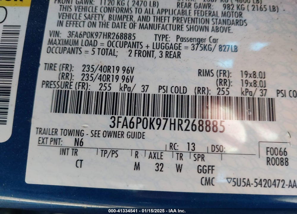 2017 FORD FUSION TITANIUM VIN: 3FA6P0K97HR268885
