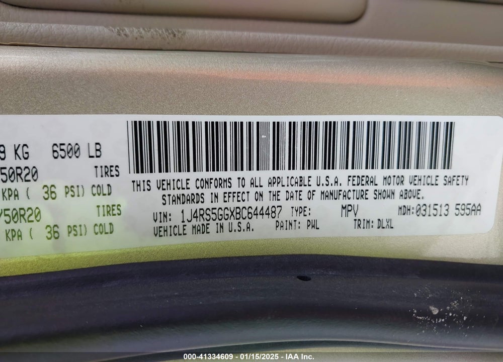 2011 JEEP GRAND CHEROKEE LIMITED VIN: 1J4RS5GGXBC644487