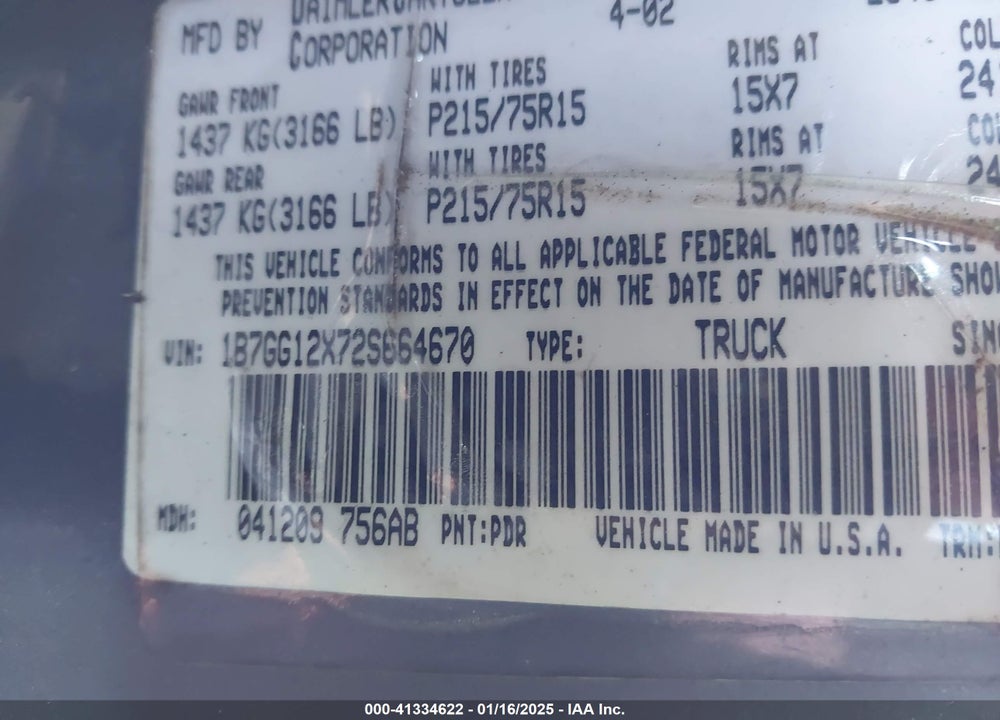 2002 DODGE DAKOTA VIN: 1B7GG12X72S664670