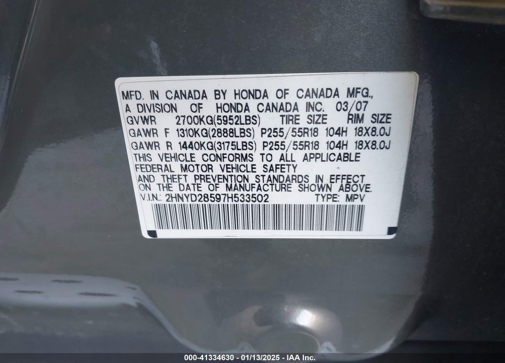 2007 ACURA MDX SPORT PACKAGE VIN: 2HNYD28597H533502