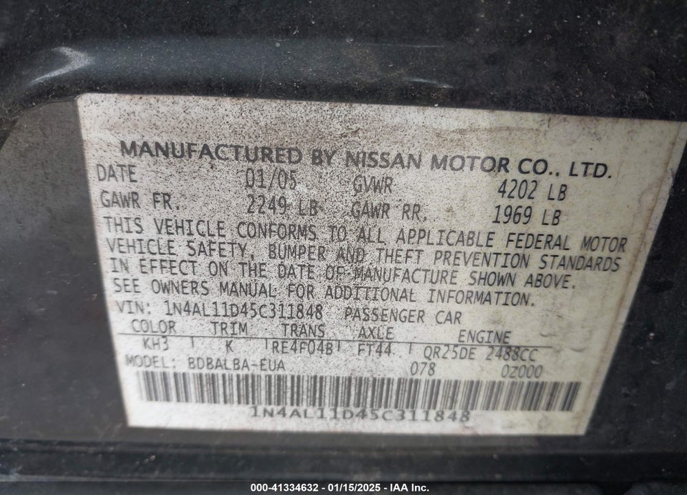2005 NISSAN ALTIMA 2.5 S VIN: 1N4AL11D45C311848