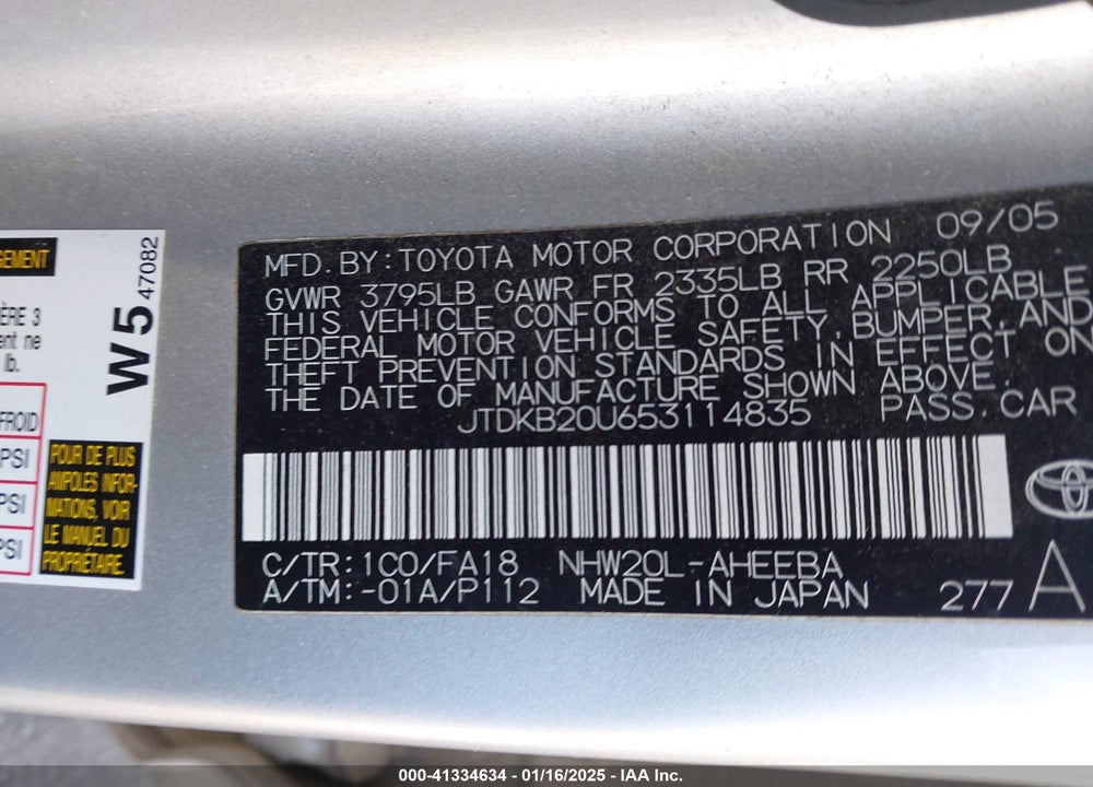 2005 TOYOTA PRIUS VIN: JTDKB20U653114835