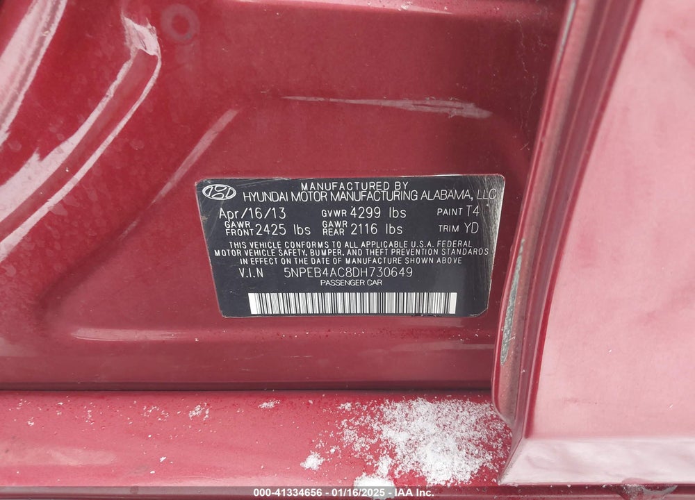 2013 HYUNDAI SONATA VIN: 5NPEB4AC8DH730649