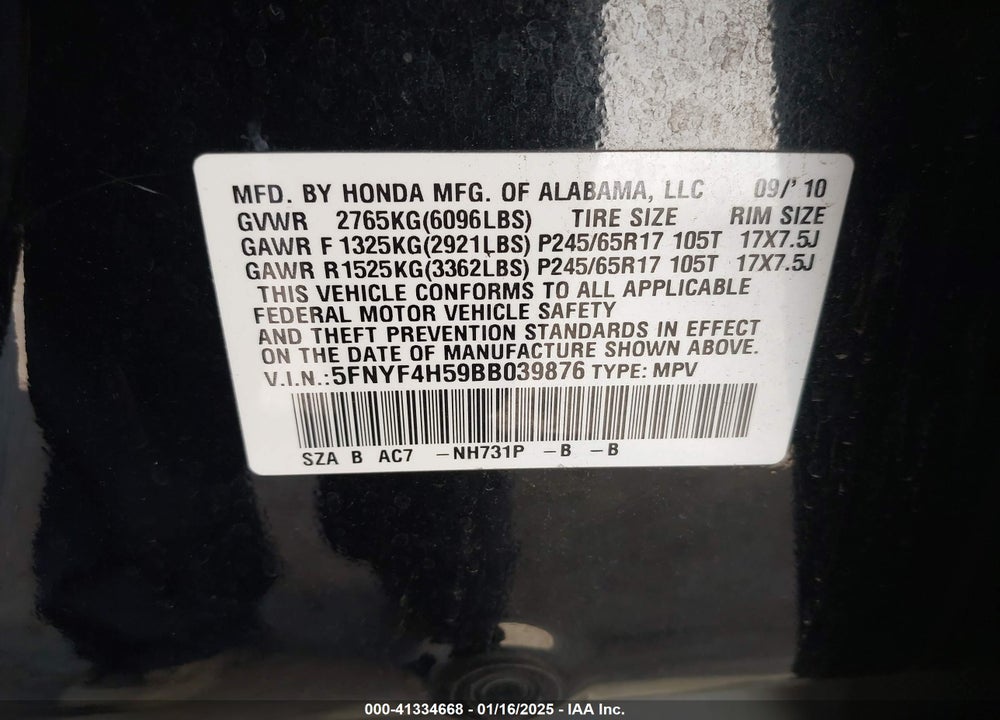 2011 HONDA PILOT EX-L VIN: 5FNYF4H59BB039876