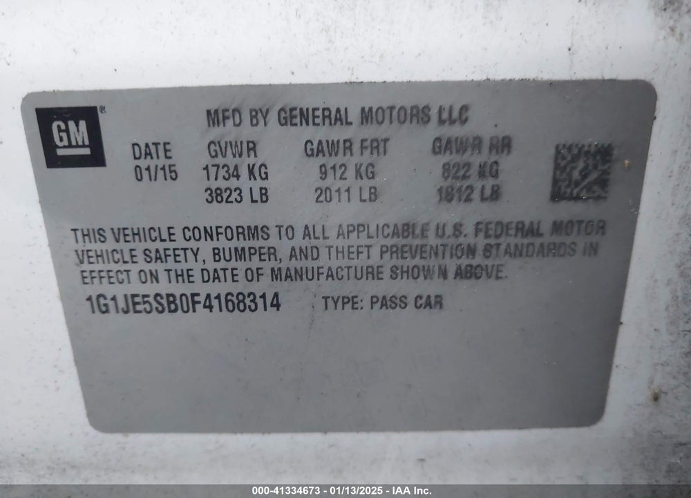 2015 CHEVROLET SONIC VIN: 1G1JE5SB0F4168314