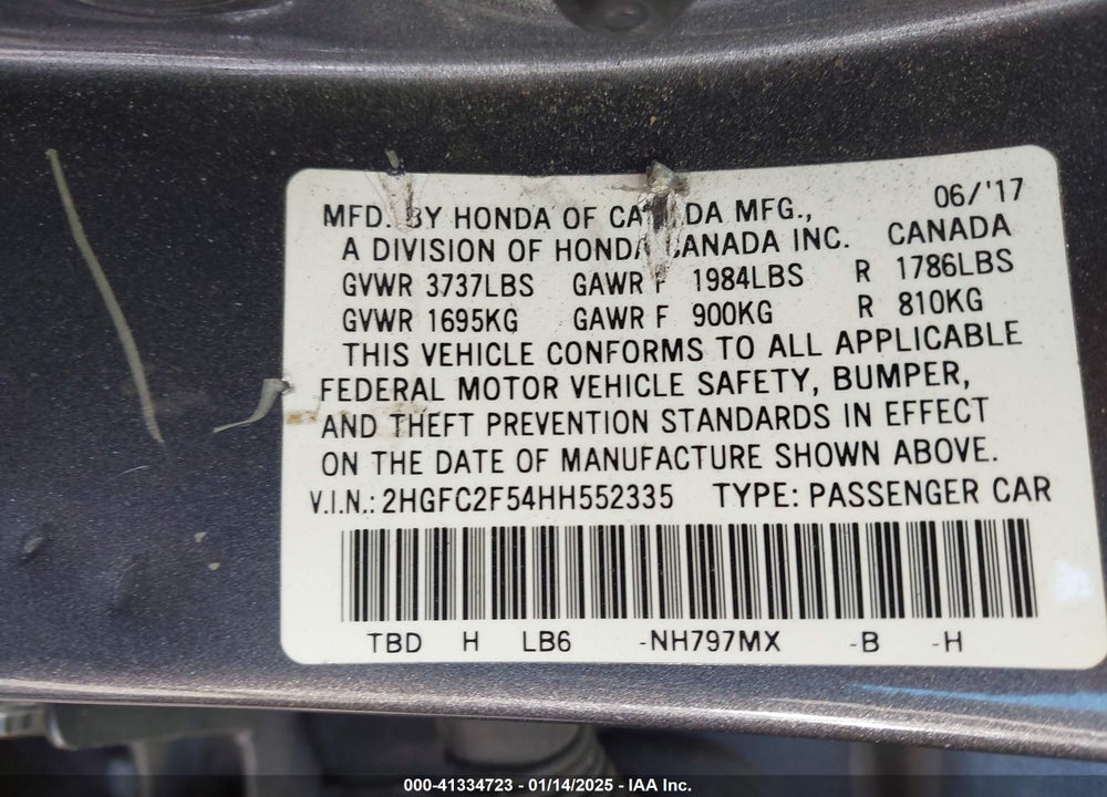 2017 HONDA CIVIC VIN: 2HGFC2F54HH552335