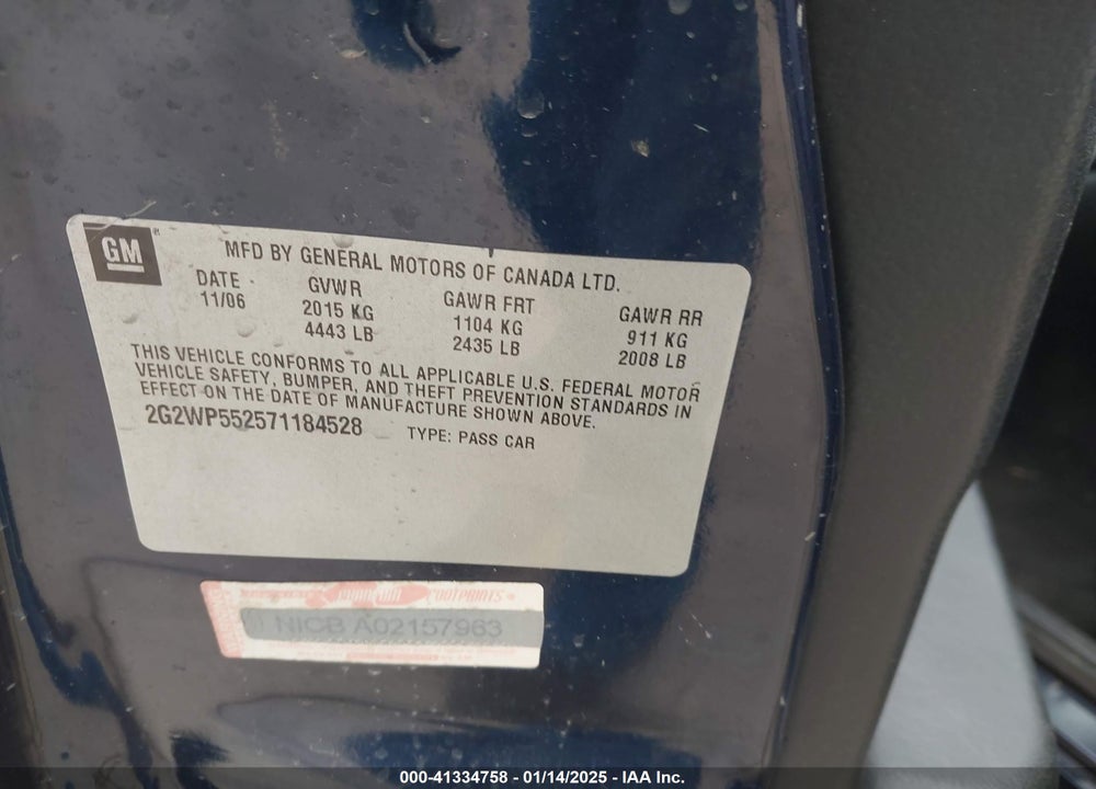 2007 PONTIAC GRAND PRIX VIN: 2G2WP552571184528