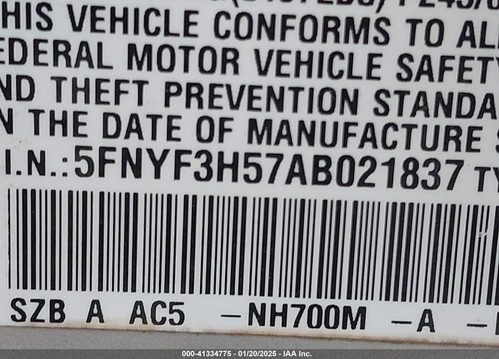 2010 HONDA PILOT EX-L VIN: 5FNYF3H57AB021837