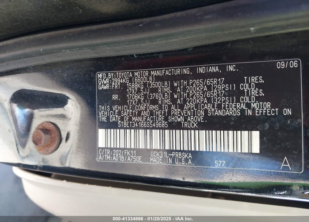 2006 TOYOTA TUNDRA SR5 V8 VIN: 5TBET34166S549685