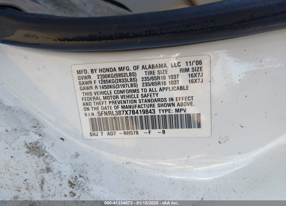 2007 HONDA ODYSSEY EX-L VIN: 5FNRL387X7B419843