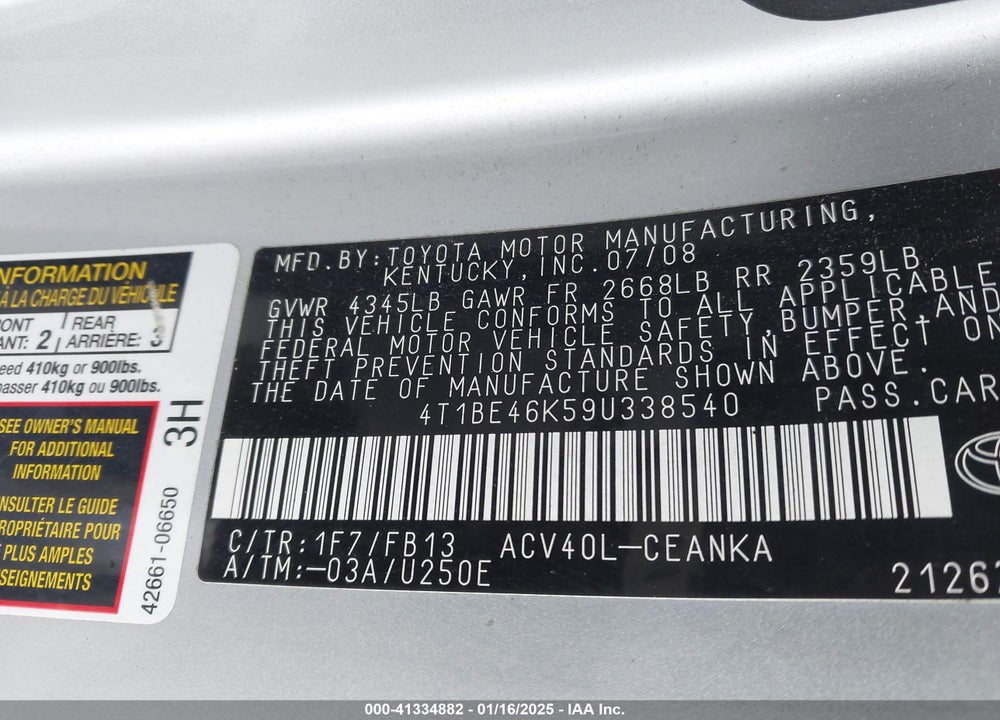 2009 TOYOTA CAMRY LE VIN: 4T1BE46K59U338540
