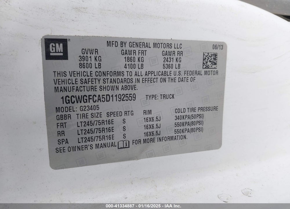 2013 CHEVROLET EXPRESS 2500 WORK VAN VIN: 1GCWGFCA5D1192559