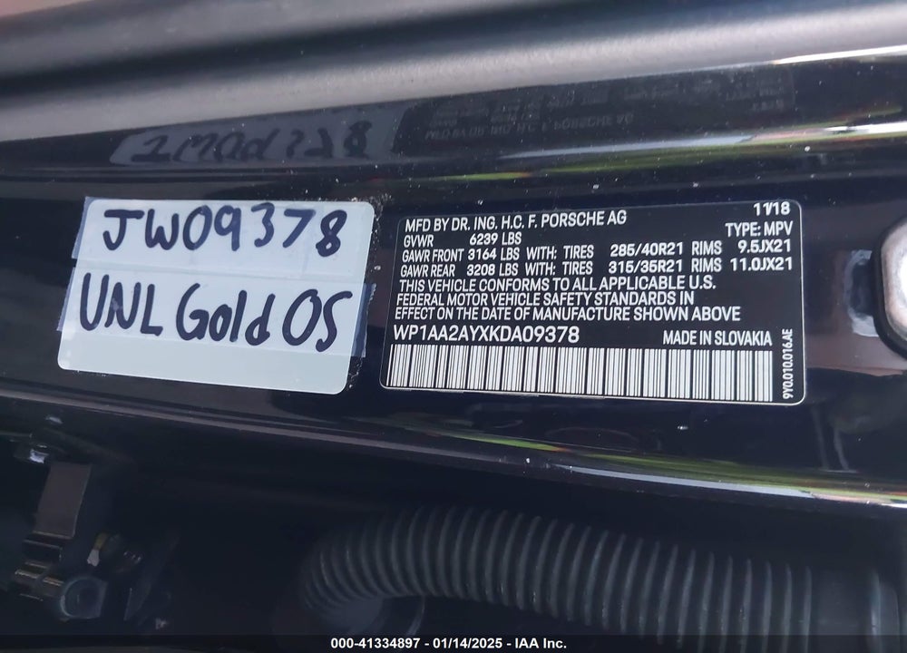 2019 PORSCHE CAYENNE VIN: WP1AA2AYXKDA09378