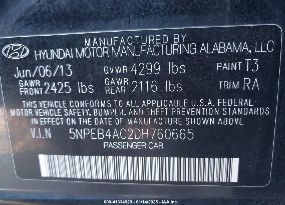 2013 HYUNDAI SONATA VIN: 5NPEB4AC2DH760665