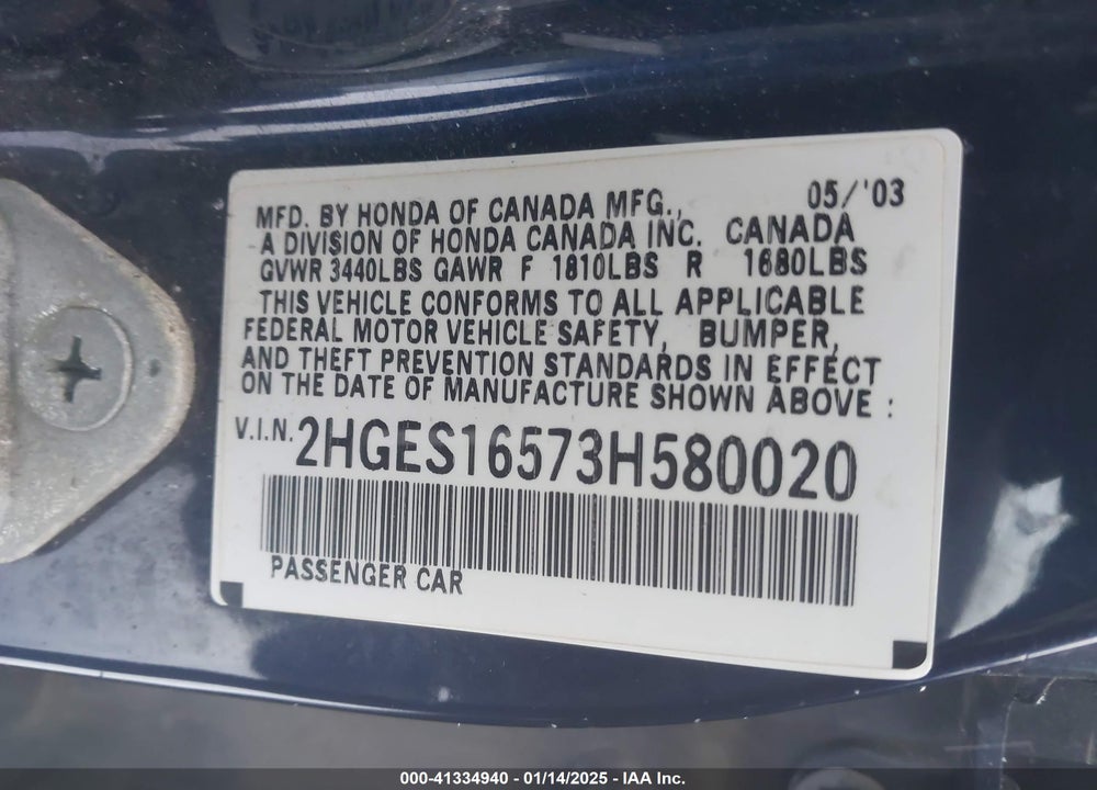 2003 HONDA CIVIC LX VIN: 2HGES16573H580020